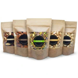Zestaw orzechów bez soli – naturalny mix premium: pistacje, migdały, nerkowce, makadamia i orzechy brazylijskie w opakowaniach kraft