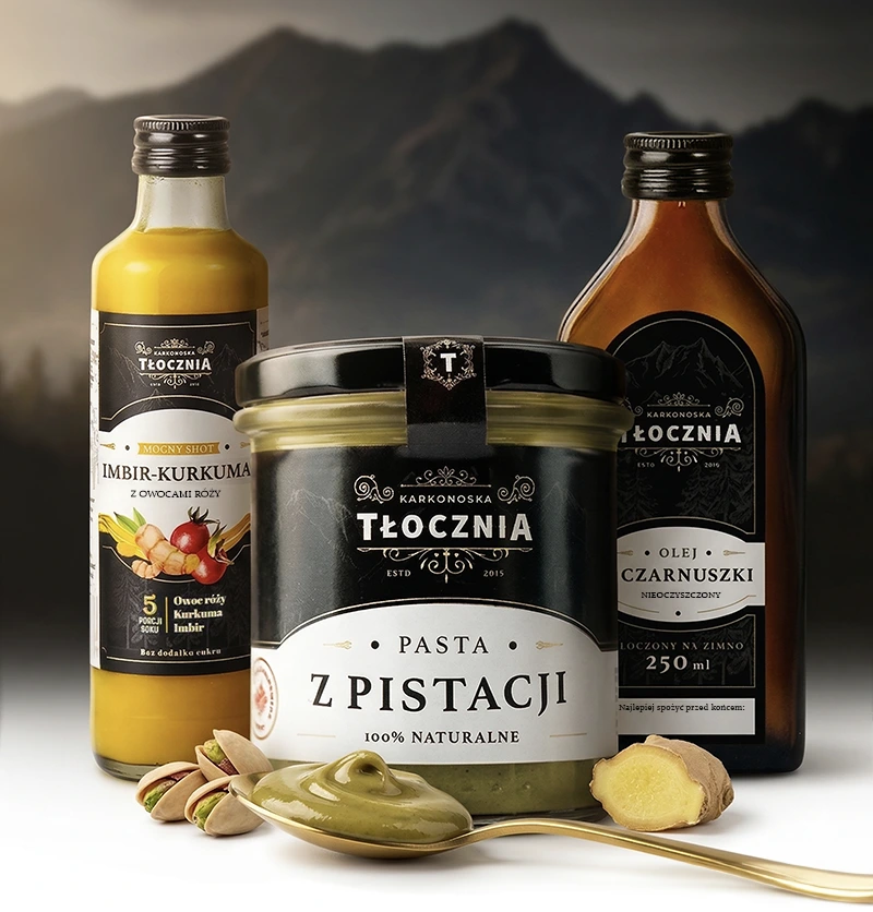 Pasta z pistacji 100%, olej z czarnuszki tłoczony na zimno oraz shot imbir kurkuma – naturalne produkty Karkonoska Tłocznia