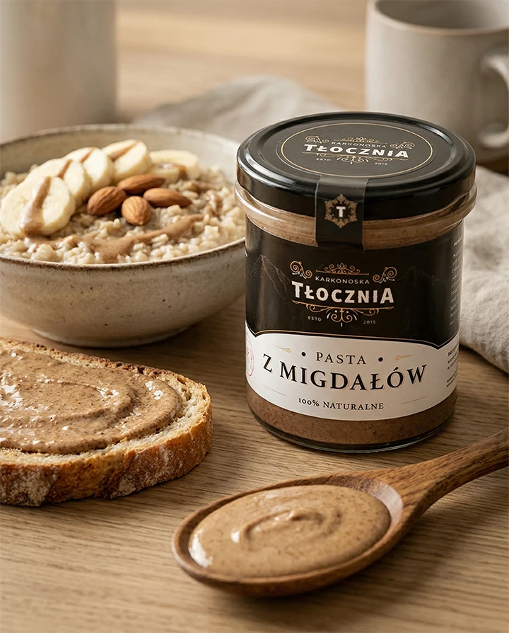 Masło migdałowe 100% z owsianką, bananem i pieczywem – zdrowe śniadanie