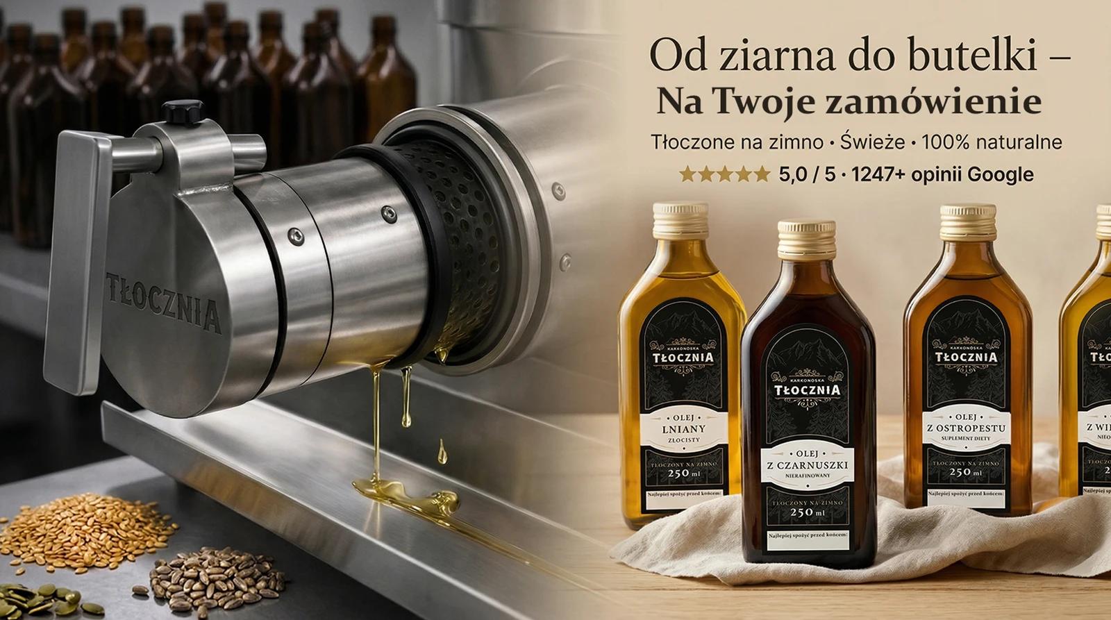 oleje tłoczone na zimno na zamówienie świeża produkcja karkonoska tłocznia proces tłoczenia oleju lnianego czarnuszki ostropestu