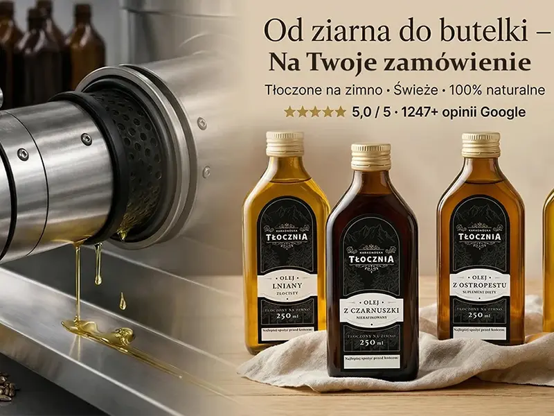 Olej na zaparcia tłoczony na zimno – lniany konopny kokosowy czarnuszka naturalne zaparcia perystaltyka jelita Karkonoska Tłocznia